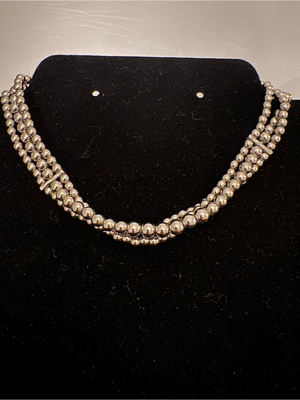 Triple Strand Silver Bead Choker Necklace - Layered Ball Necklace - 12” + Ext